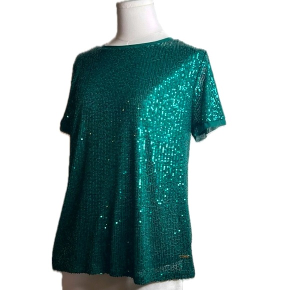 Anne Klein Shimmering Teal Sequin Banded Crew Neck Short Sleeve‎ Tee T-Shirt Top - Picture 1 of 17